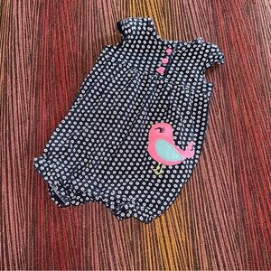 Infant baby girls Carters navy blue one piece romper bodysuit with pink bird